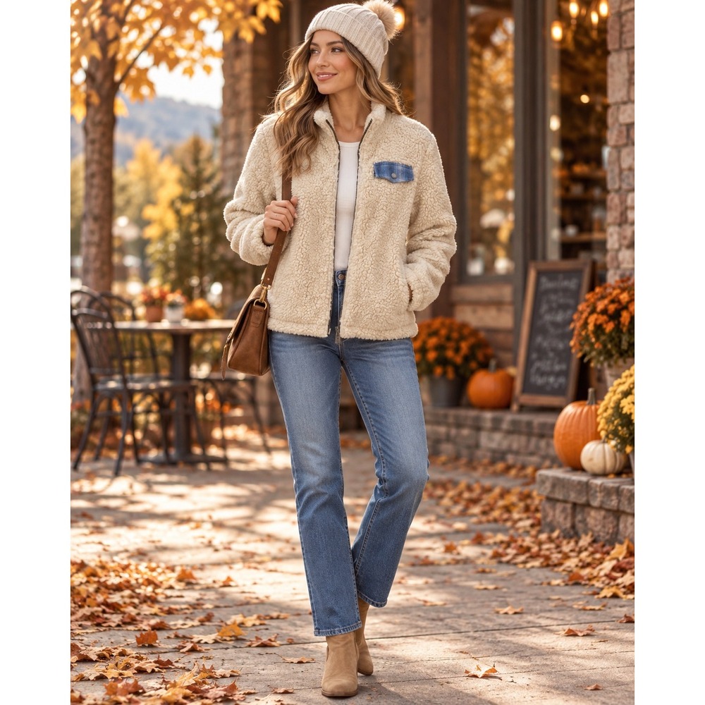 Pendleton Womens Large Cream Sherpa Fleece Jacket Plaid Full Zip Gorpcore Cozy